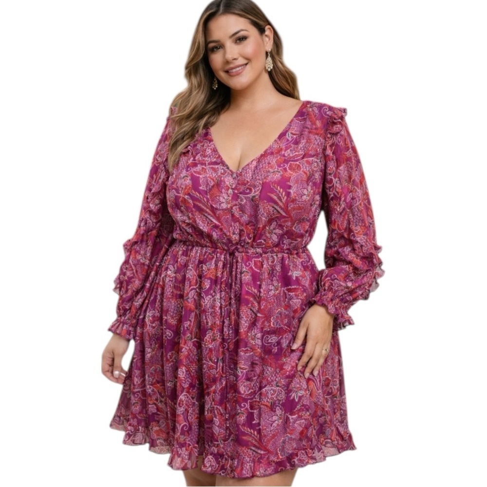 Time and Tru Floral Dress XXL Pink Boho Ruffle Sleeve Plus Size Flow